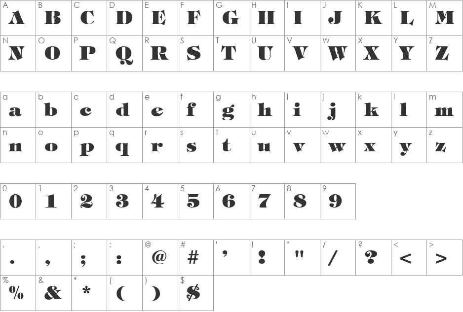 Tiffany Heavy Normal font character map preview