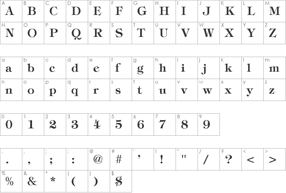 Tiffany-Bold font character map preview