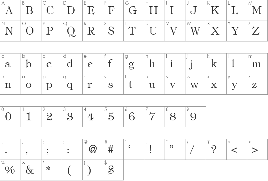 TiffanyTwoLight font character map preview