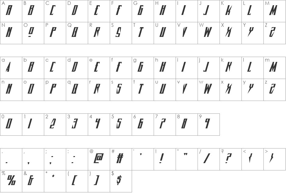 Timberwolf Expanded Italic font character map preview