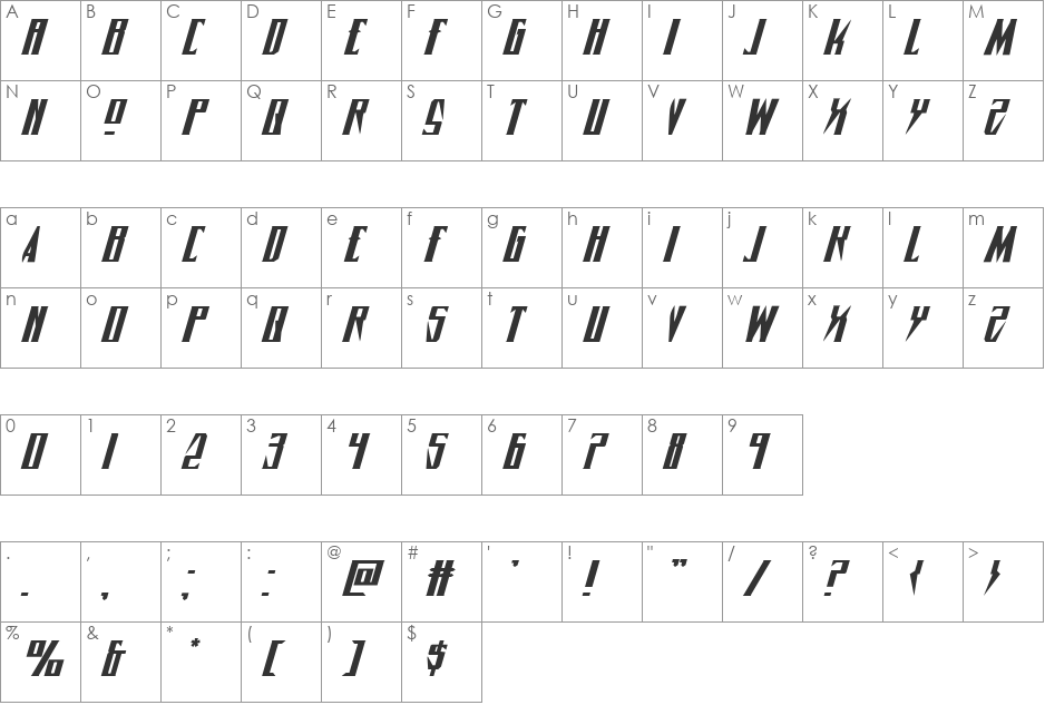 Timberwolf Extra-expanded Italic font character map preview