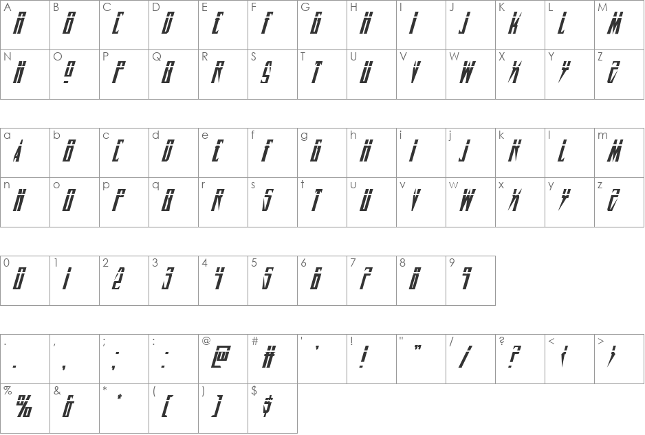 Timberwolf Laser Italic font character map preview