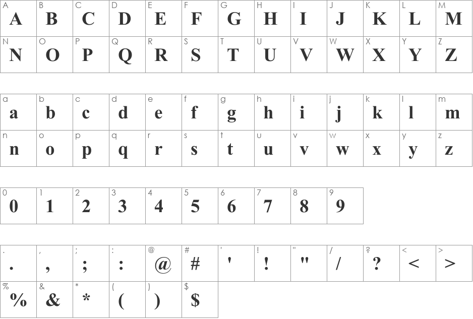 Times New Rom B font character map preview