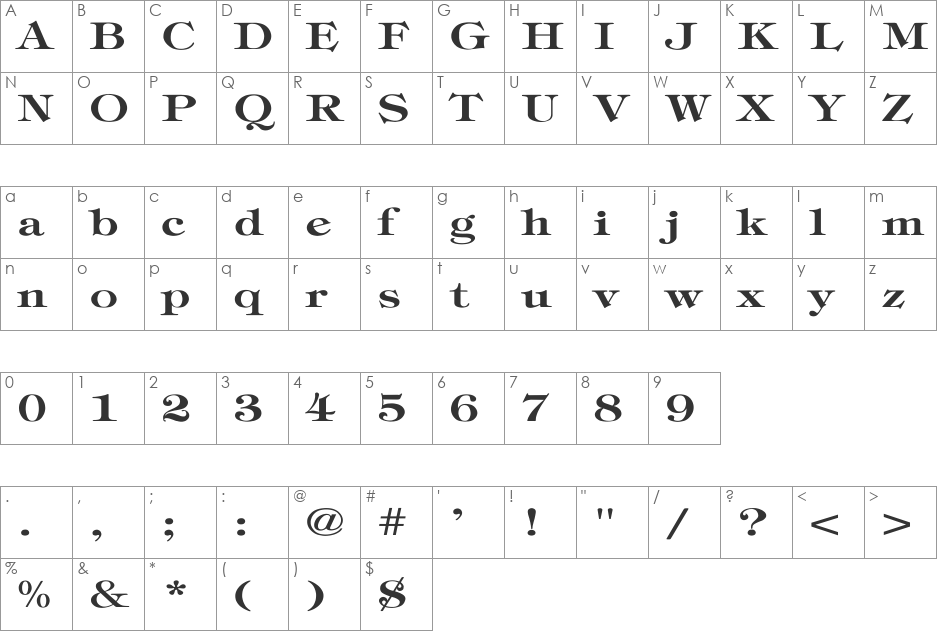 Timpani-Bold Wd font character map preview