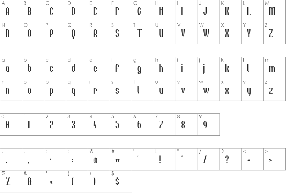 Tincushion font character map preview