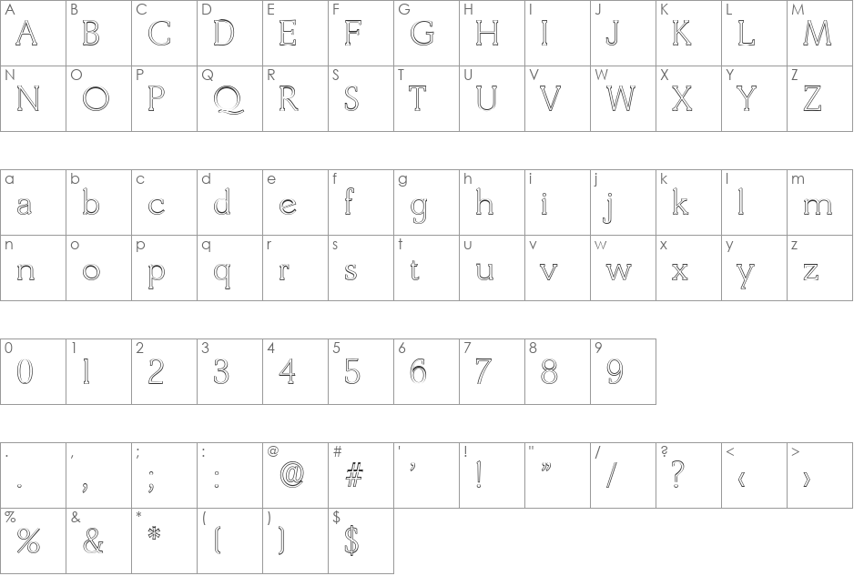BenjaminBeckerOutline-ExLight font character map preview