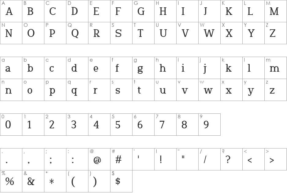 Tinu font character map preview