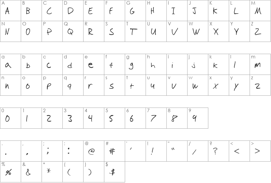 Tioem-Handwritten font character map preview