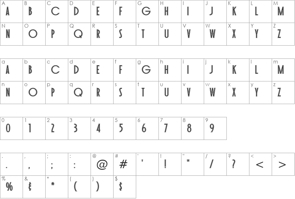 Toasted Vein BTN Inline font character map preview