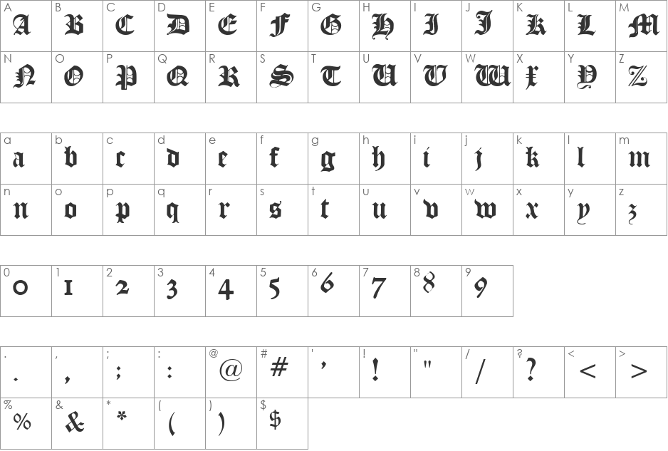 Todds Manuscript font character map preview
