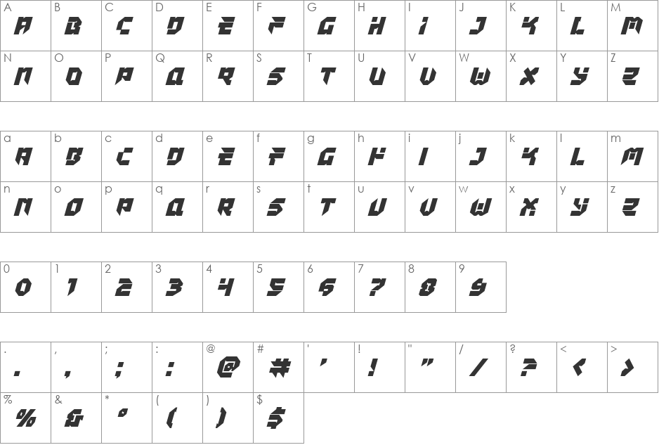 Tokyo Drifter Italic font character map preview