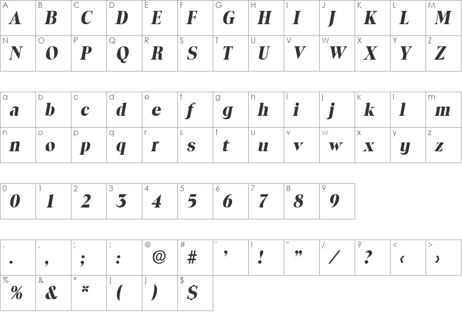 Toledo-BoldIta font character map preview
