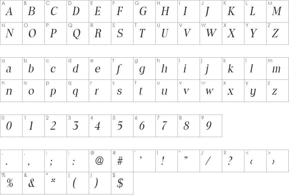 Toledo-RegularIta font character map preview