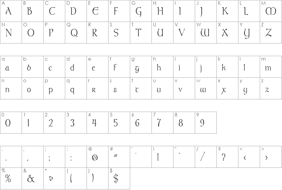 TolkienNarrowUpright font character map preview