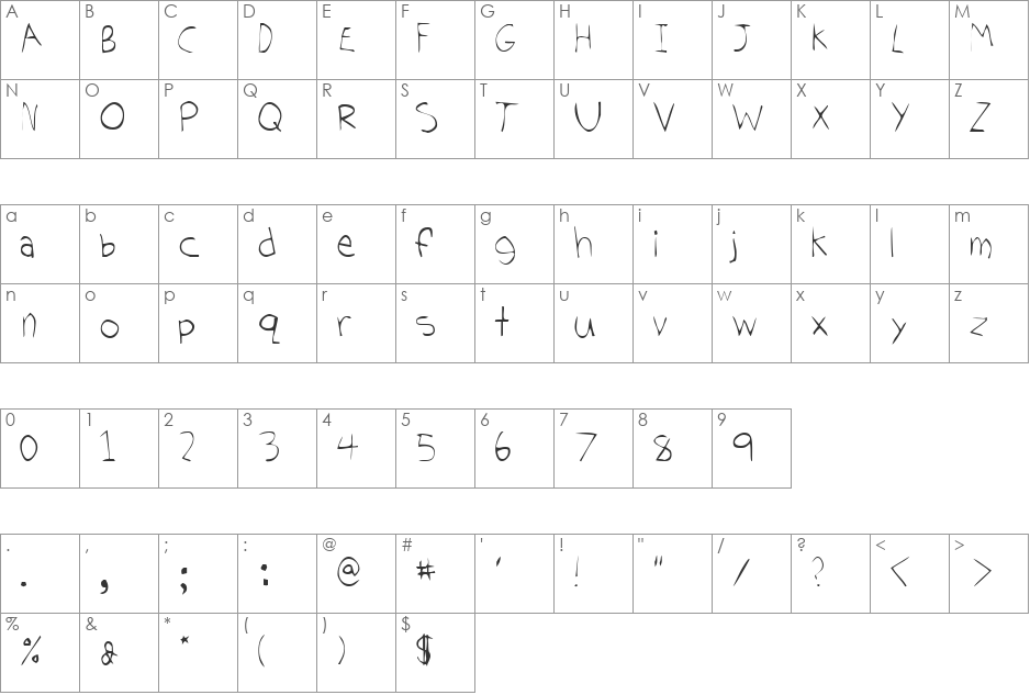 Tom's Handwriting font character map preview