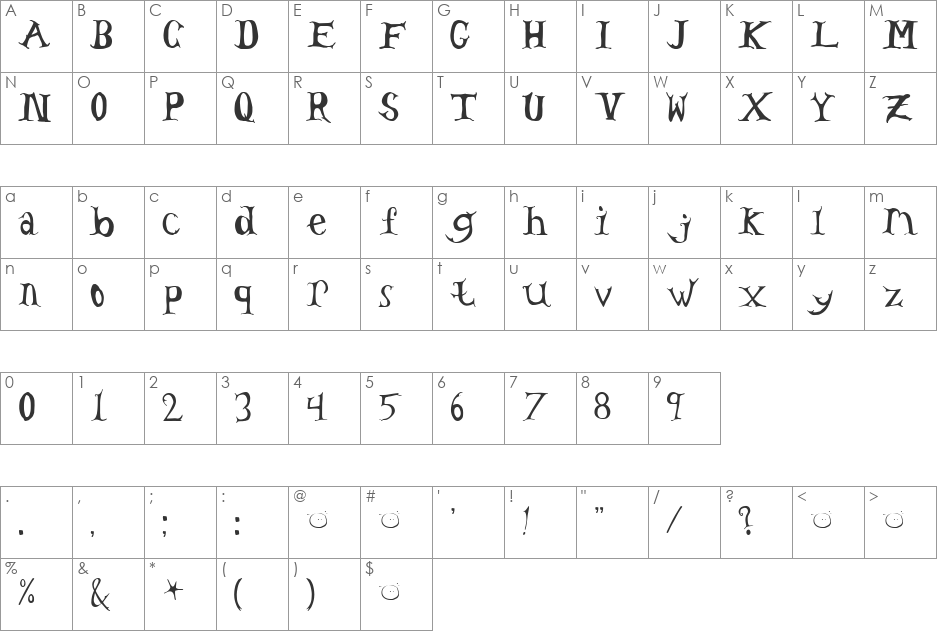 Tom's Headache font character map preview