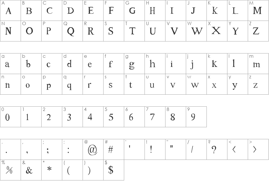 Tom's New Roman font character map preview