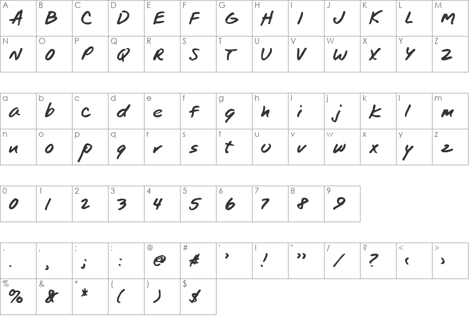 TomsHand font character map preview