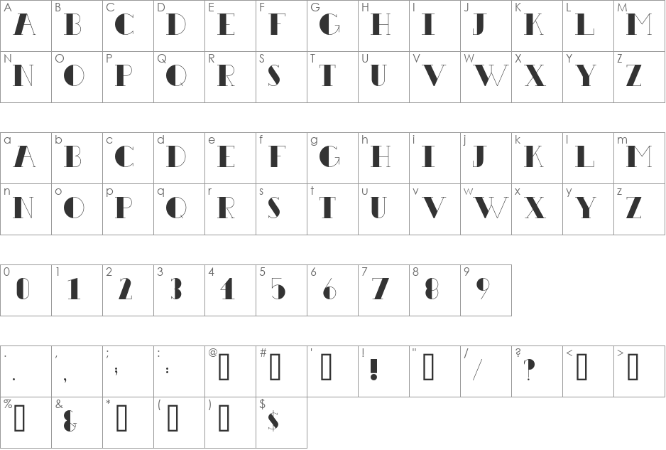 Benthem font character map preview