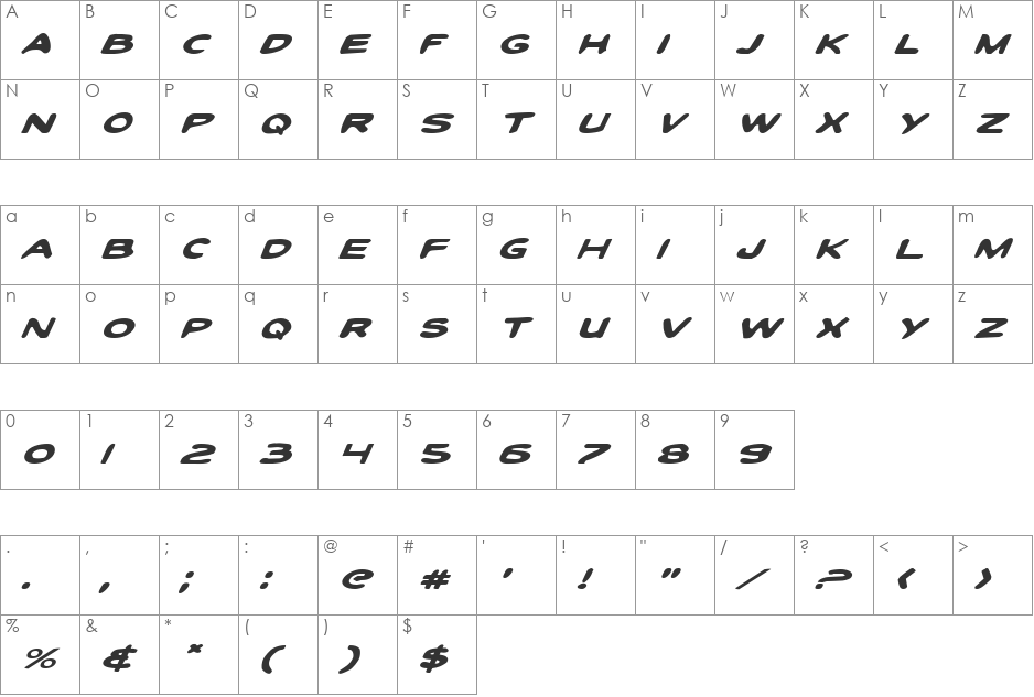 Toon Town Industrial Exp Ital font character map preview