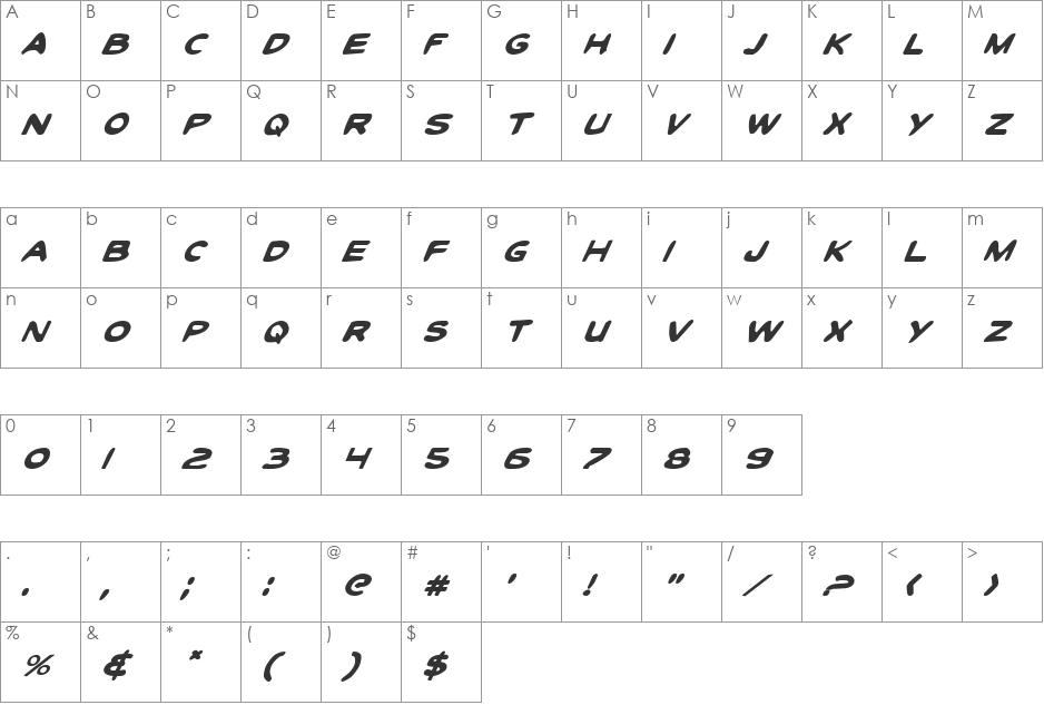 Toon Town Industrial Italic font character map preview
