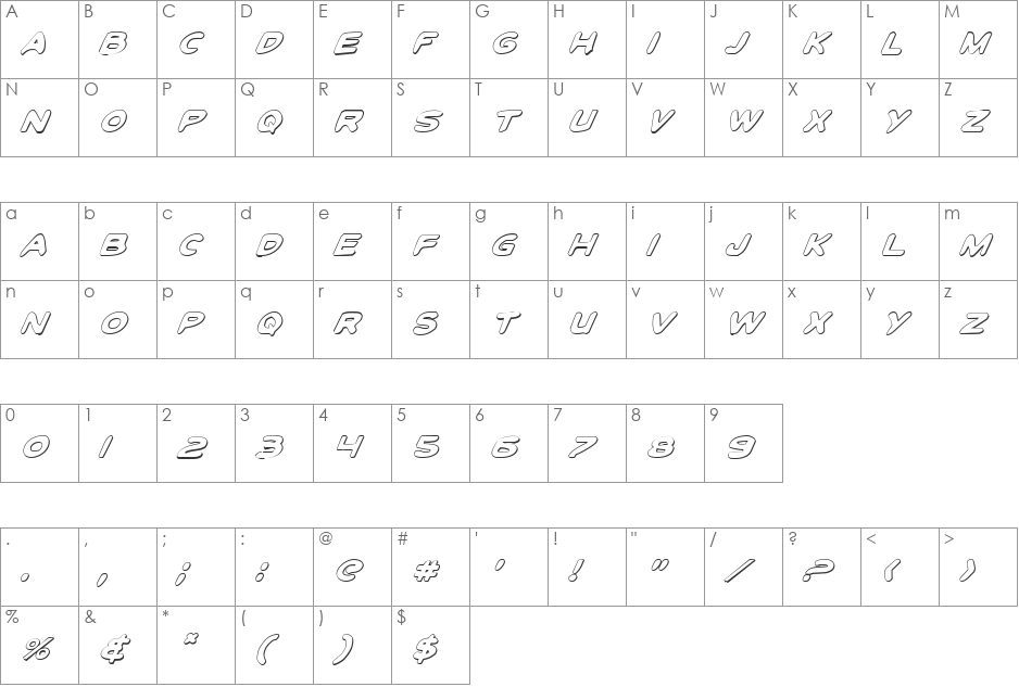 Toon Town Industrial Shad Ital font character map preview