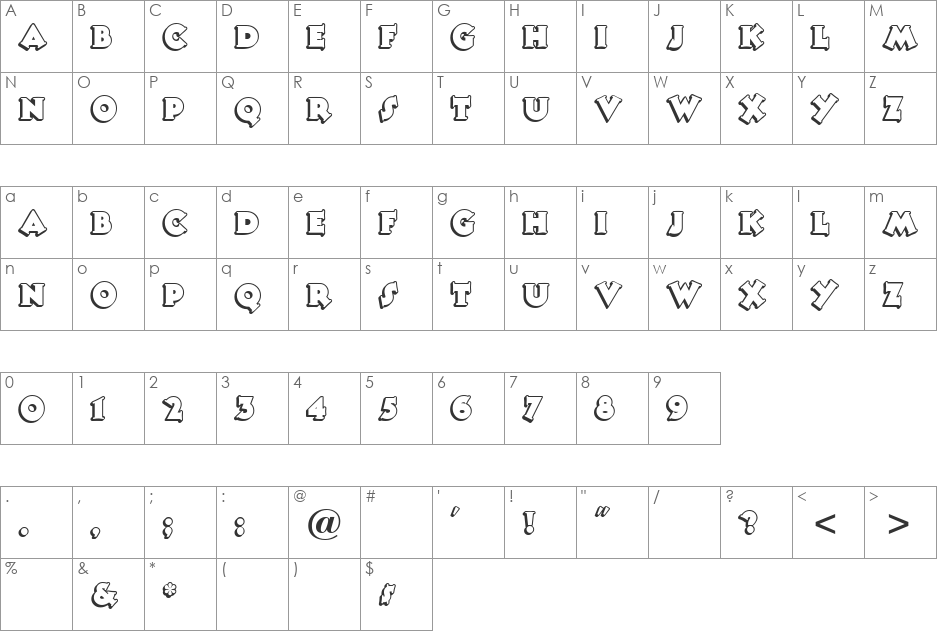 Tooney Noodle Outline font character map preview