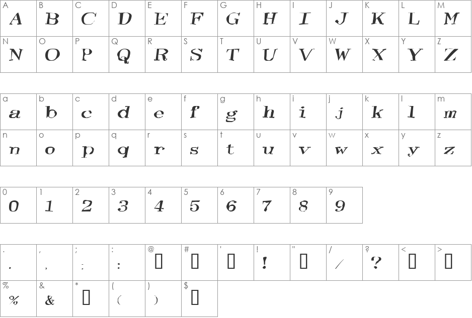 TooneyLunes font character map preview