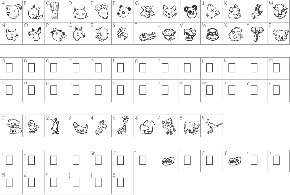 TOONIMALS font character map preview