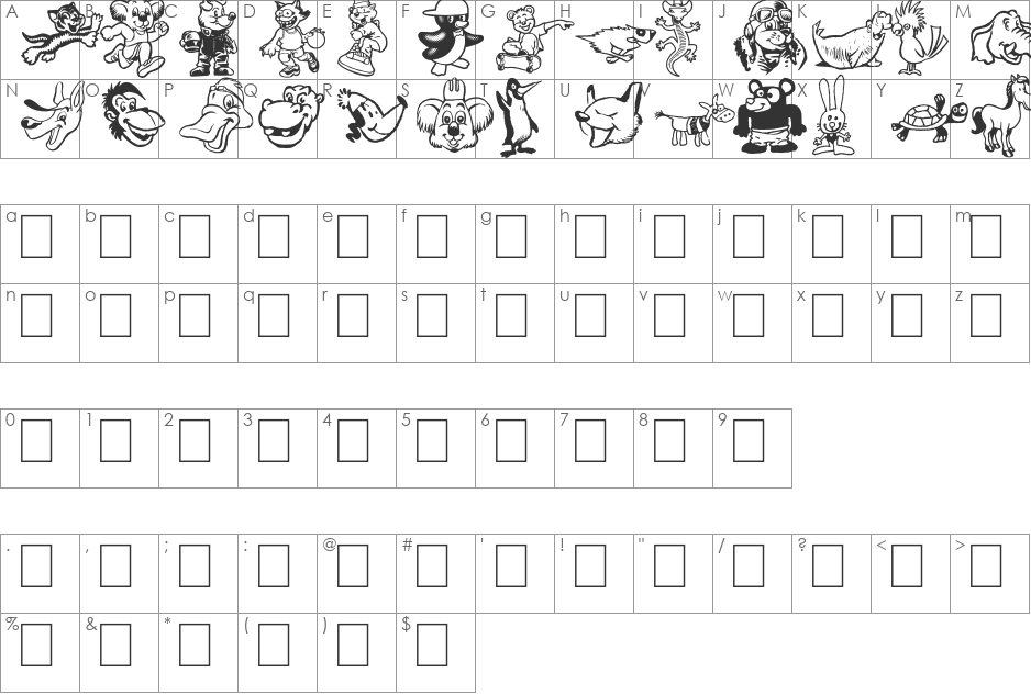TOONIMALS 2 font character map preview
