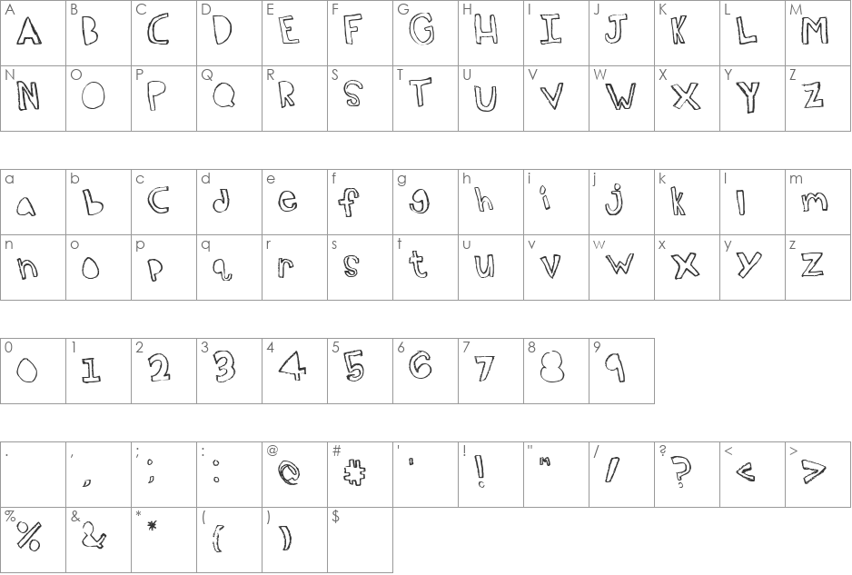 Topsy Turvy font character map preview