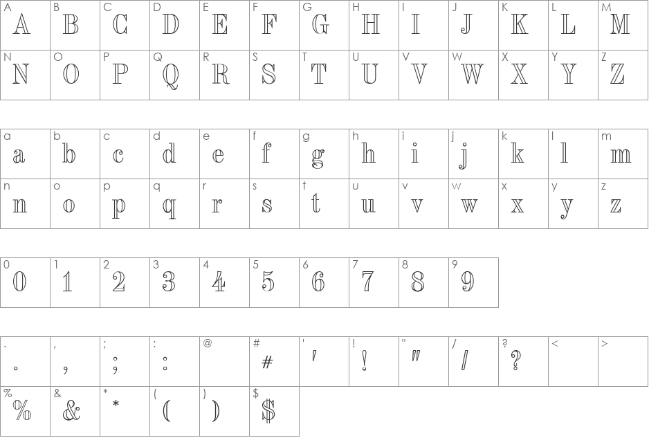 Torino CG Outline font character map preview