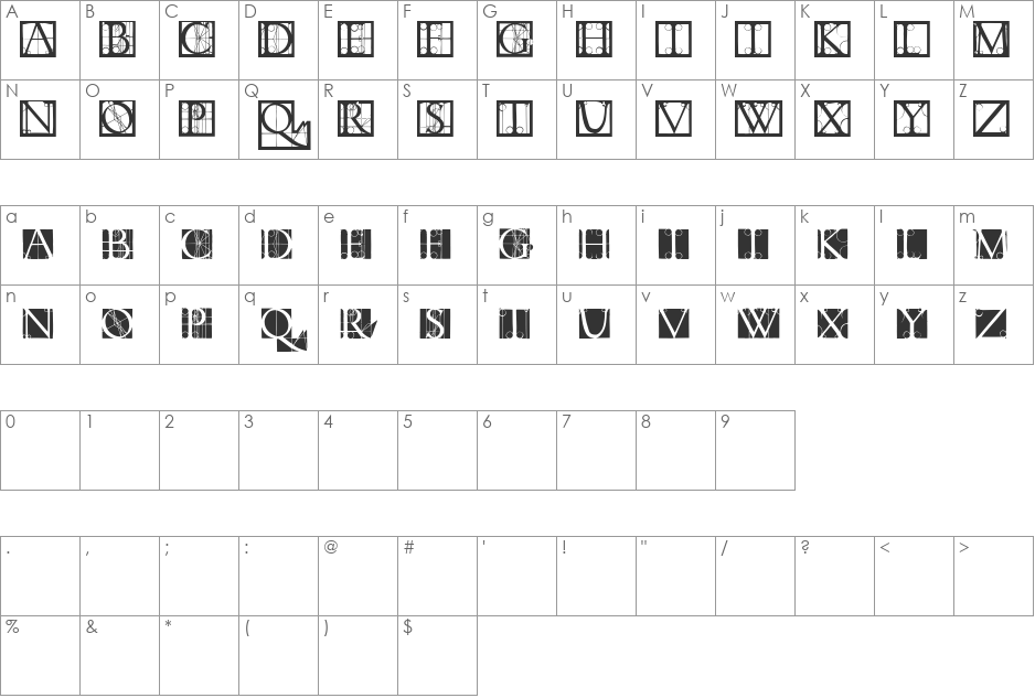 TornielloInitials font character map preview