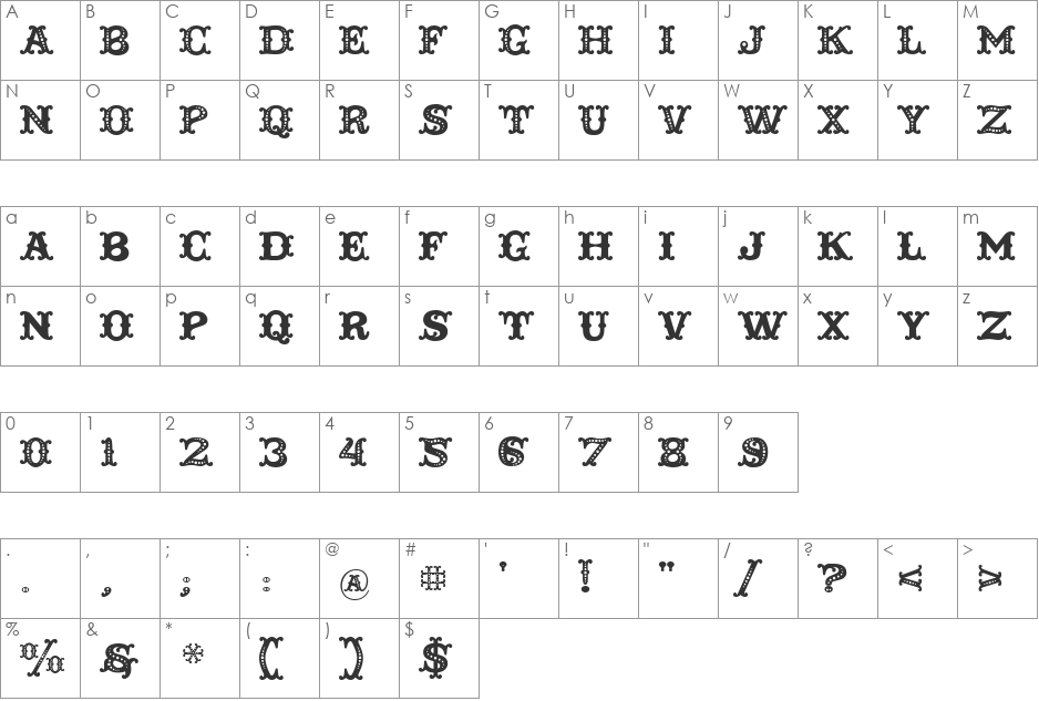 Toscania font character map preview