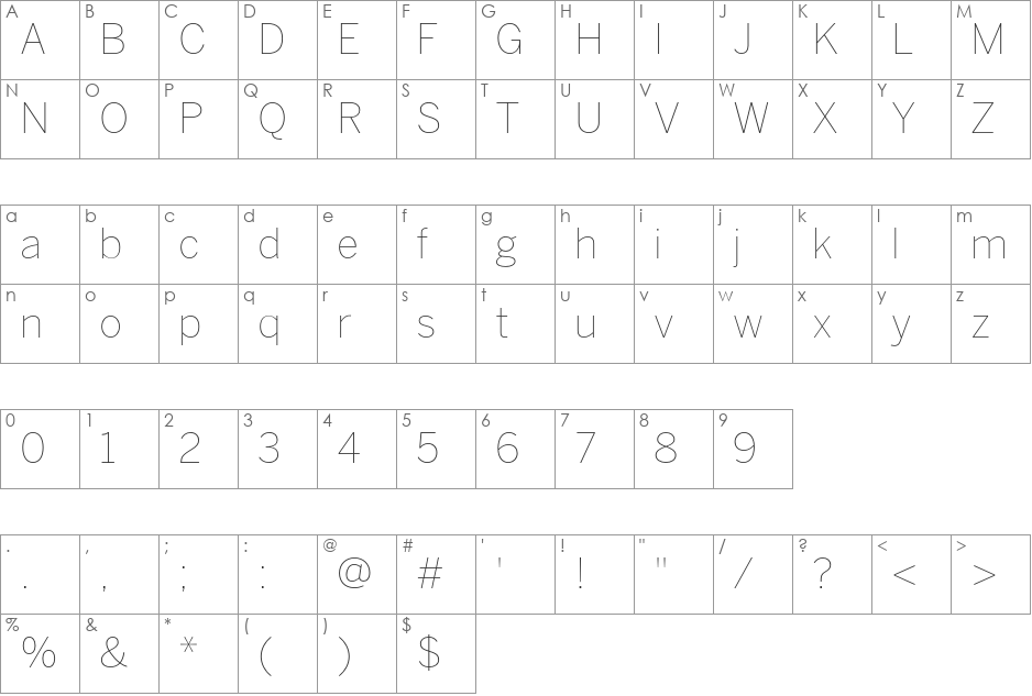 BentonSans Thin font character map preview