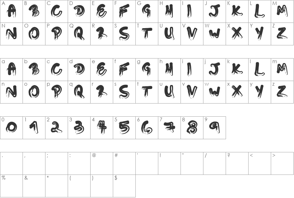 Touching Letters font character map preview