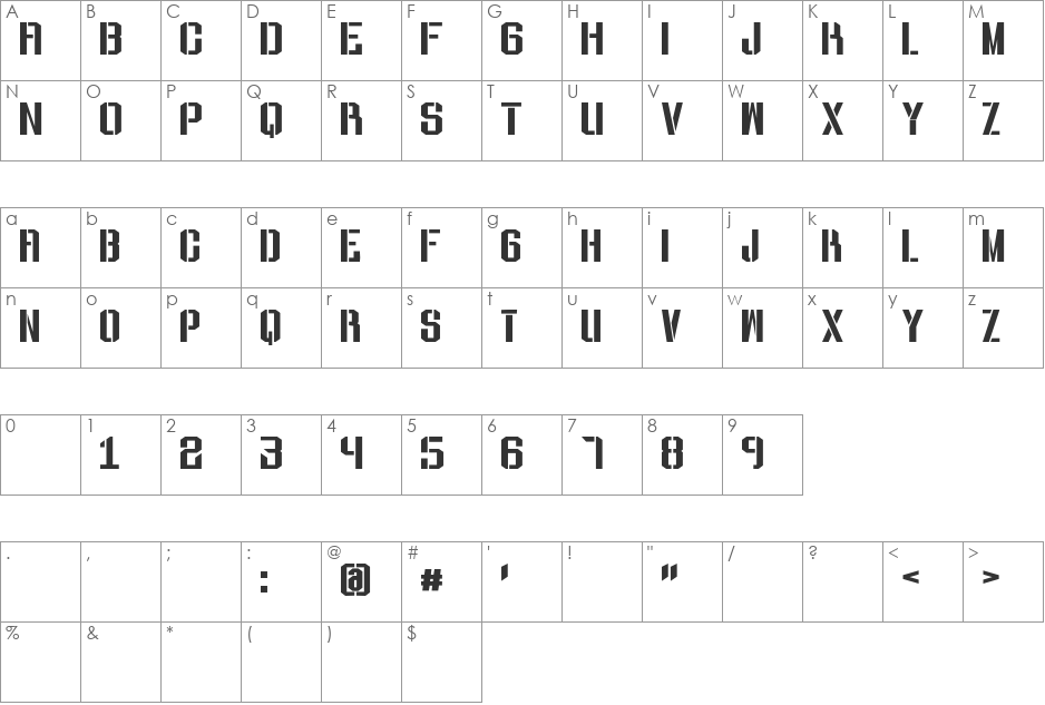 ToughGuy font character map preview