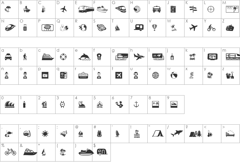 Tourism font character map preview