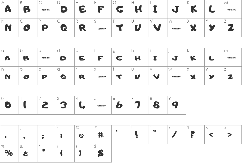 Toyc font character map preview