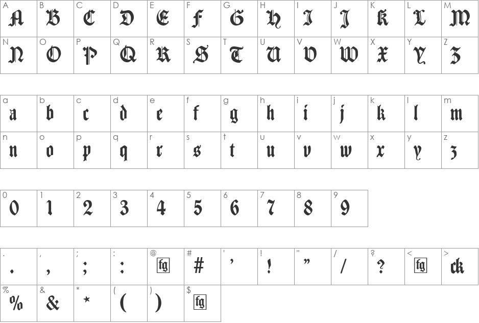 Traditio AH font character map preview