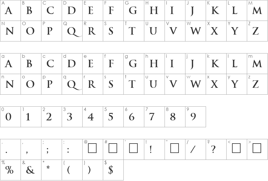 Tradition DB font character map preview