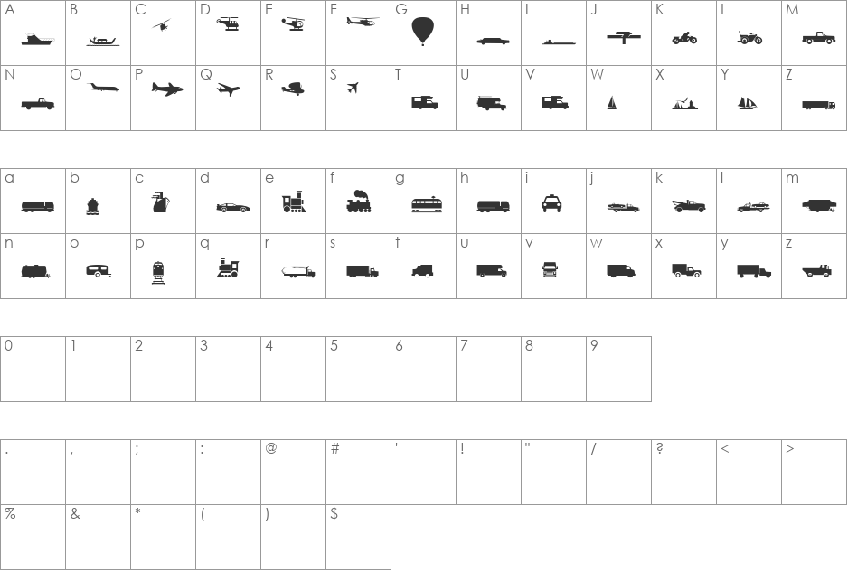 Traffic font character map preview