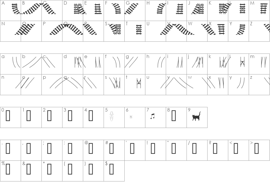 TrainTracksVertical font character map preview