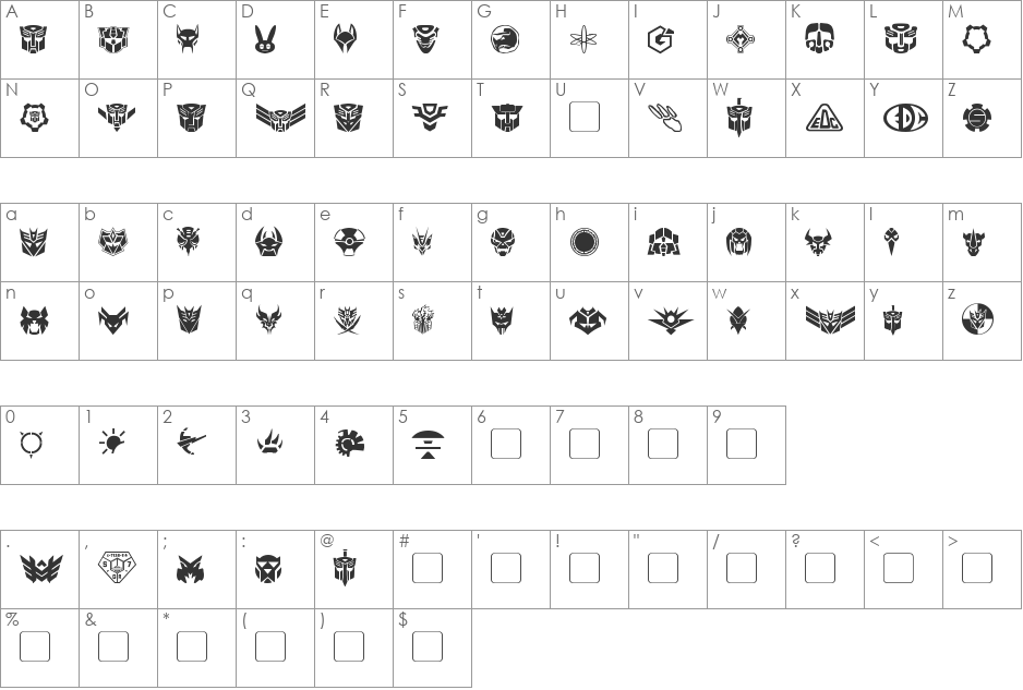 Transdings font character map preview