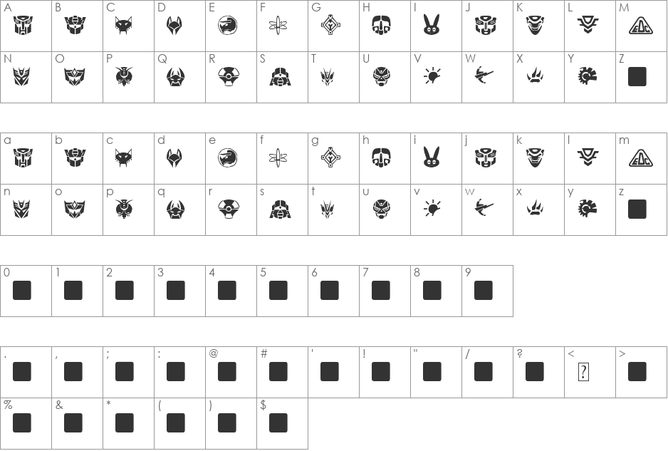 Transdings font character map preview