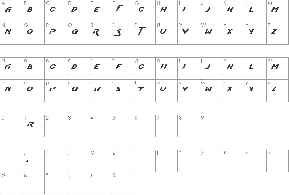 Transformers AEC font character map preview