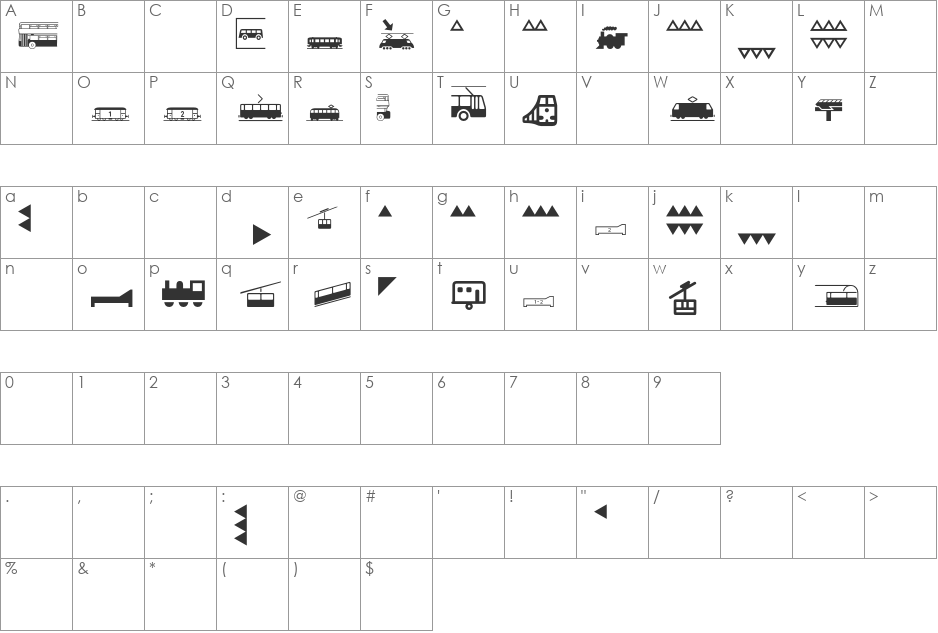 Transportation font character map preview