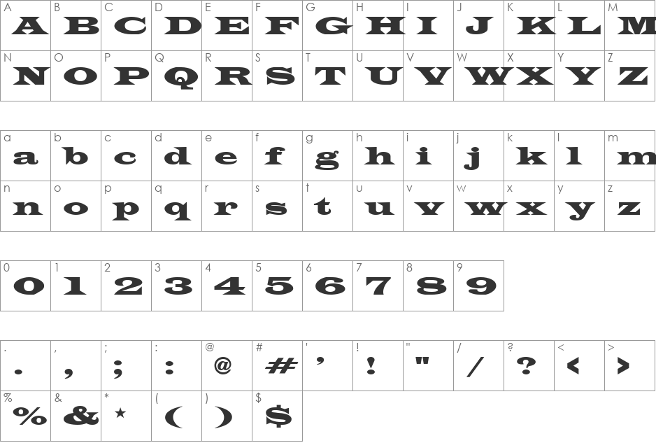 Transverse SSi font character map preview