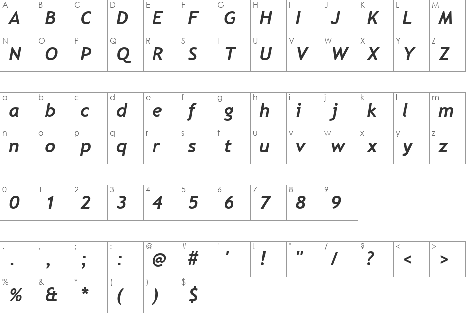 Trebuchet MS font character map preview