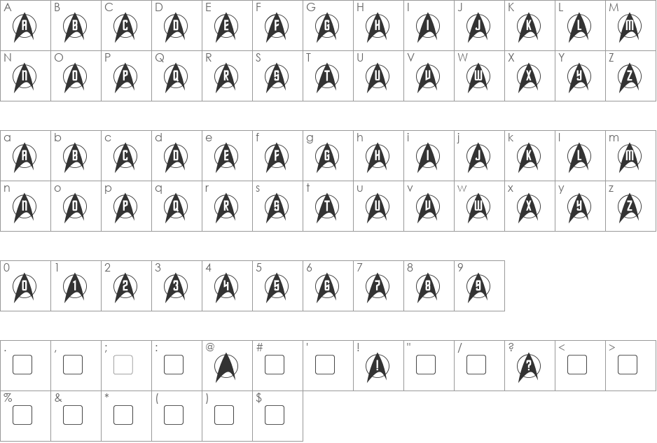 Trek Arrowcaps font character map preview